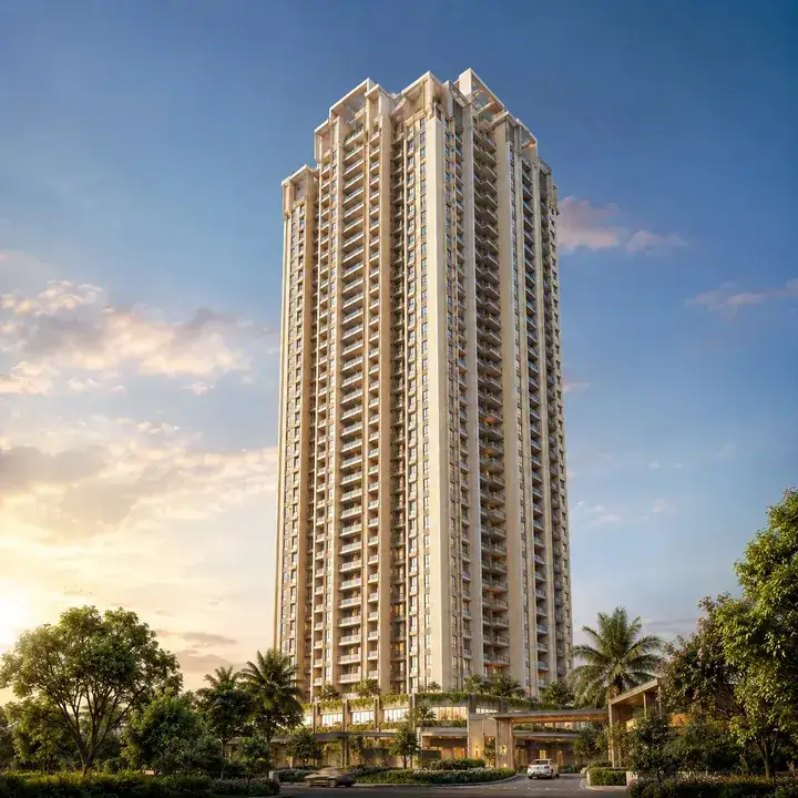 Prestige Battersea high-rise tower facade rising over the Hennur Road landscape