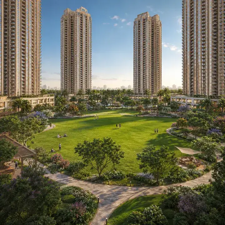 Prestige Battersea landscaped central green with the towers behind