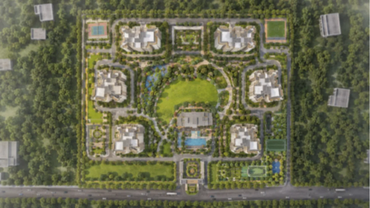 Prestige Battersea master plan site layout showing the seven towers, clubhouse, central greens and sports decks on Hennur Road