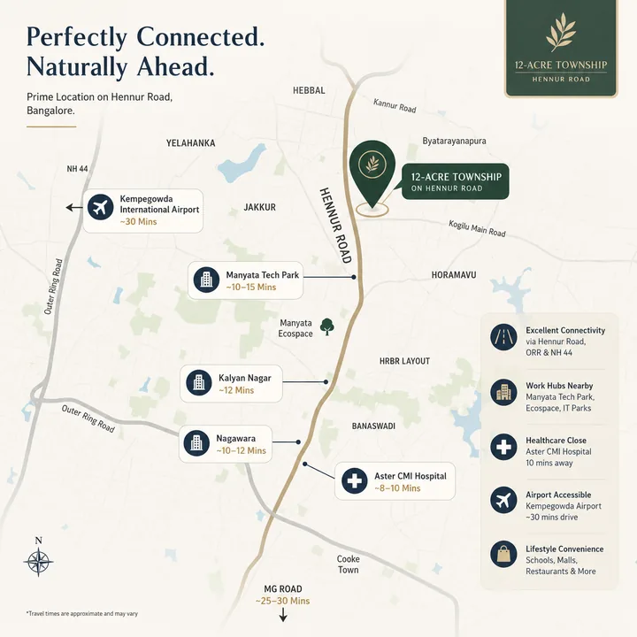 Prestige Battersea location map showing Hennur Road, Manyata Tech Park, Kalyan Nagar and Kempegowda International Airport